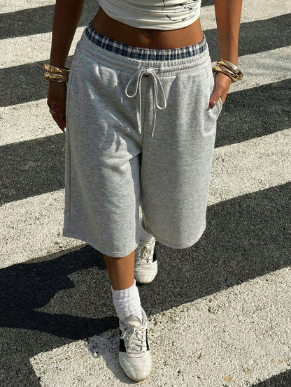 Muchica Gray Knitted Wide Leg Split Capris For Women Casual Athleisure Baggy Athletic Plaid Waist Detail Comfortable Summer Style Workout Gym