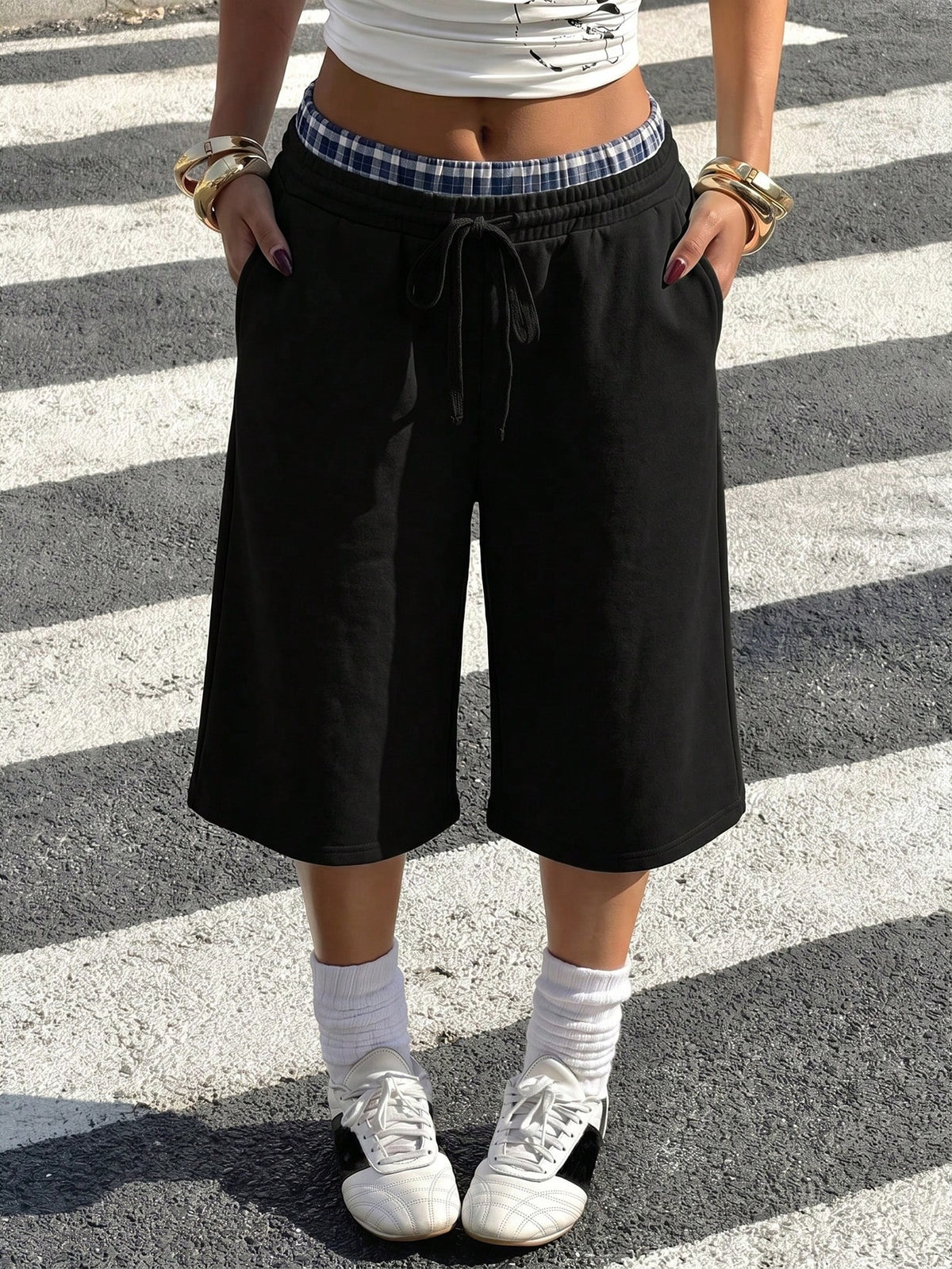 Muchica Gray Knitted Wide Leg Split Capris For Women Casual Athleisure Baggy Athletic Plaid Waist Detail Comfortable Summer Style Workout Gym