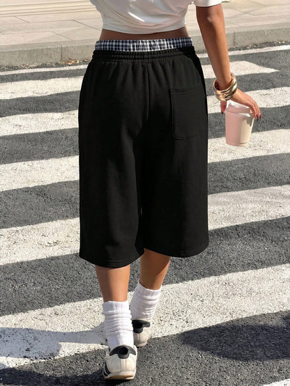Muchica Gray Knitted Wide Leg Split Capris For Women Casual Athleisure Baggy Athletic Plaid Waist Detail Comfortable Summer Style Workout Gym