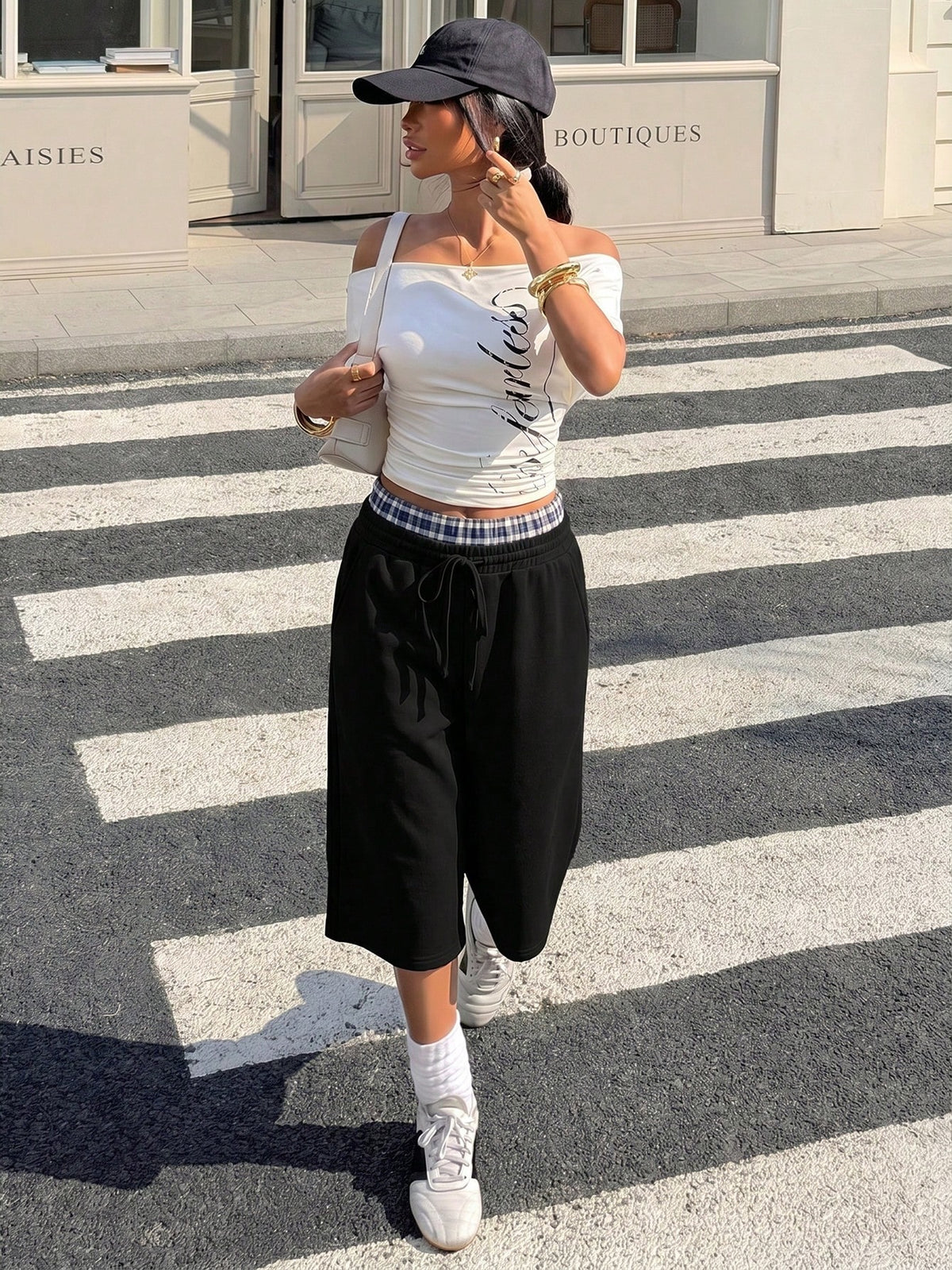 Muchica Gray Knitted Wide Leg Split Capris For Women Casual Athleisure Baggy Athletic Plaid Waist Detail Comfortable Summer Style Workout Gym