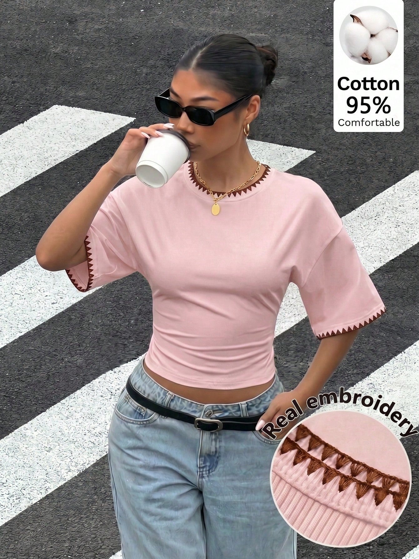 Muchica Personalized Embroidered Shell Contrast Trim Women's Summer New Pink And Brown Short Sleeve T-Shirt Top, Suitable For Daily Commute Everyday, Dating
