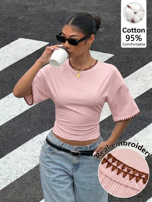 Muchica Personalized Embroidered Shell Contrast Trim Women's Summer New Pink And Brown Short Sleeve T-Shirt Top, Suitable For Daily Commute Everyday, Dating