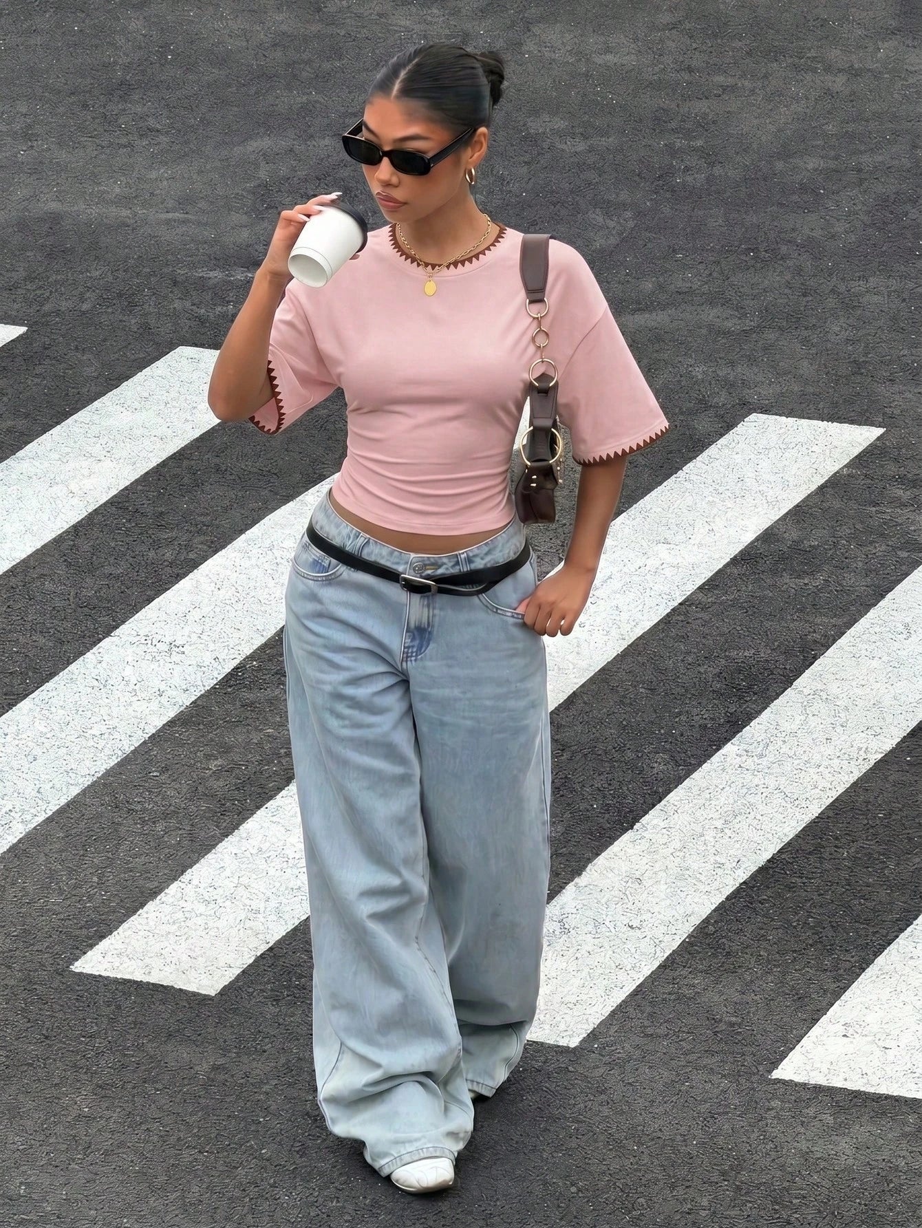 Muchica Personalized Embroidered Shell Contrast Trim Women's Summer New Pink And Brown Short Sleeve T-Shirt Top, Suitable For Daily Commute Everyday, Dating