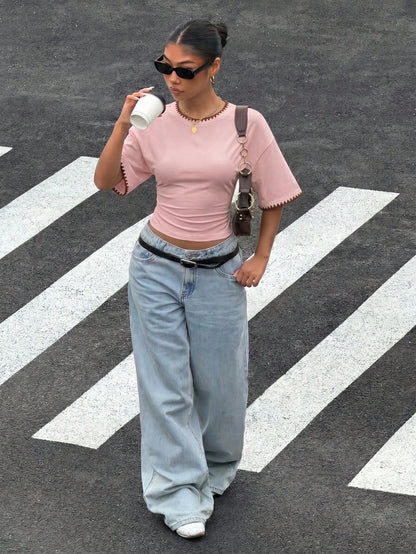 Muchica Personalized Embroidered Shell Contrast Trim Women's Summer New Pink And Brown Short Sleeve T-Shirt Top, Suitable For Daily Commute Everyday, Dating