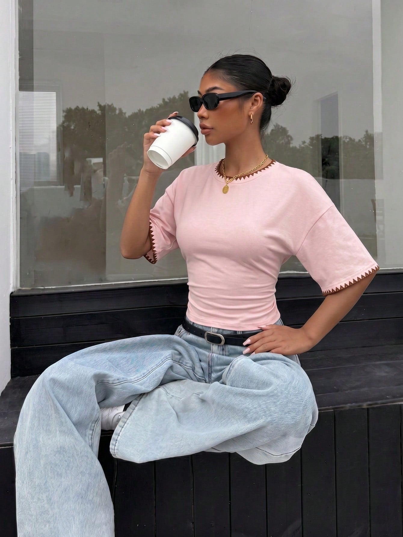 Muchica Personalized Embroidered Shell Contrast Trim Women's Summer New Pink And Brown Short Sleeve T-Shirt Top, Suitable For Daily Commute Everyday, Dating