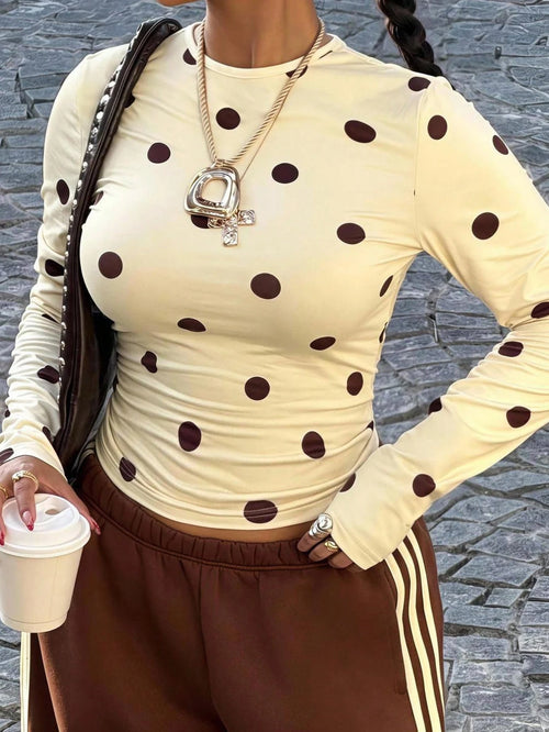 Muchica Polka Dot Casual Plus Size Women's T-Shirt Fall