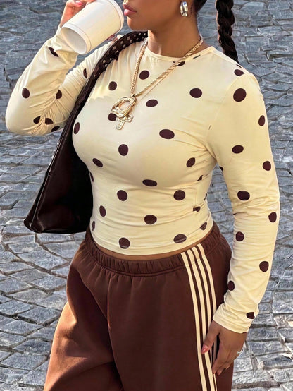 Muchica Polka Dot Casual Plus Size Women's T-Shirt Fall