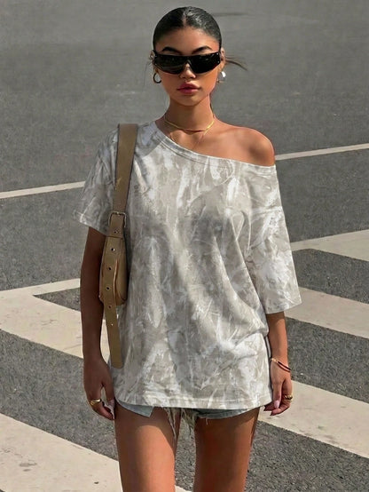 Muchica Street Style Branch Camouflage Pattern Women's Casual Minimalist Print Off-Shoulder Loose Short Sleeve T-Shirt Plus Size