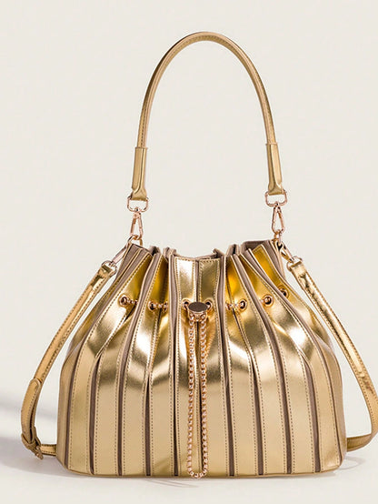Multi-Color Metallic Matte PU Ruched Handbag With Gold Chain. All-Season Elegant Daily Handbag, Suitable For Work Commute, City Shopping And Casual Outings. Suitable For Mature Women, Fashion Enthusia