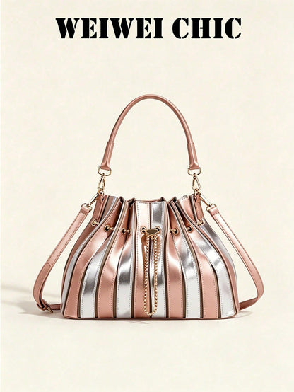 Multi-Color Metallic Matte PU Ruched Handbag With Gold Chain. All-Season Elegant Daily Handbag, Suitable For Work Commute, City Shopping And Casual Outings. Suitable For Mature Women, Fashion Enthusia