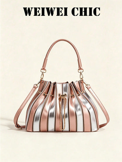 Multi-Color Metallic Matte PU Ruched Handbag With Gold Chain. All-Season Elegant Daily Handbag, Suitable For Work Commute, City Shopping And Casual Outings. Suitable For Mature Women, Fashion Enthusia