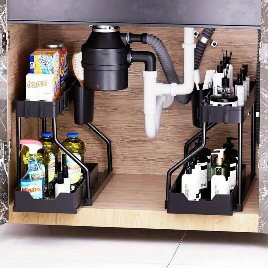 Multi-Purpose Under Sink Organizers And Storage, 2025 R-Shaped Pull Out Cabinet Organizer For Bathroom & Kitchen, Under Cabinet Organizer With Hooks Hanging Cup Back To School