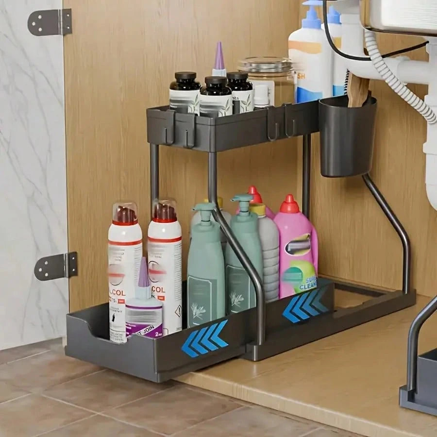 Multi-Purpose Under Sink Organizers And Storage, 2025 R-Shaped Pull Out Cabinet Organizer For Bathroom & Kitchen, Under Cabinet Organizer With Hooks Hanging Cup Back To School