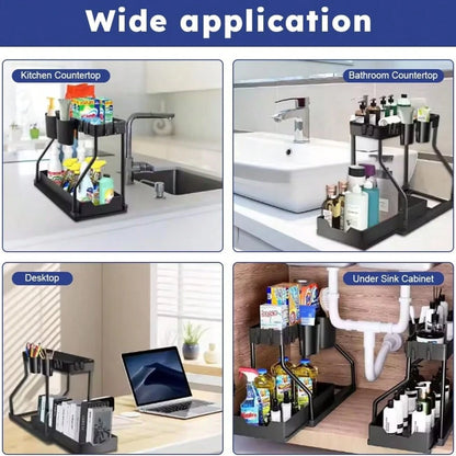 Multi-Purpose Under Sink Organizers And Storage, 2025 R-Shaped Pull Out Cabinet Organizer For Bathroom & Kitchen, Under Cabinet Organizer With Hooks Hanging Cup Back To School