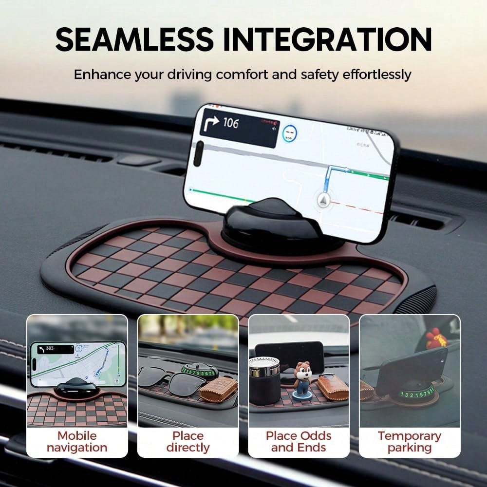 Multifunction Car Anti Slip Mat,Multi-Functional Support Anti-Slip Pad,360° Rotatable Phone Holder Car Dashboard Mat With Temporary Parking Number Plate PVC Grid Style Mat,Car Buddy Dashboard