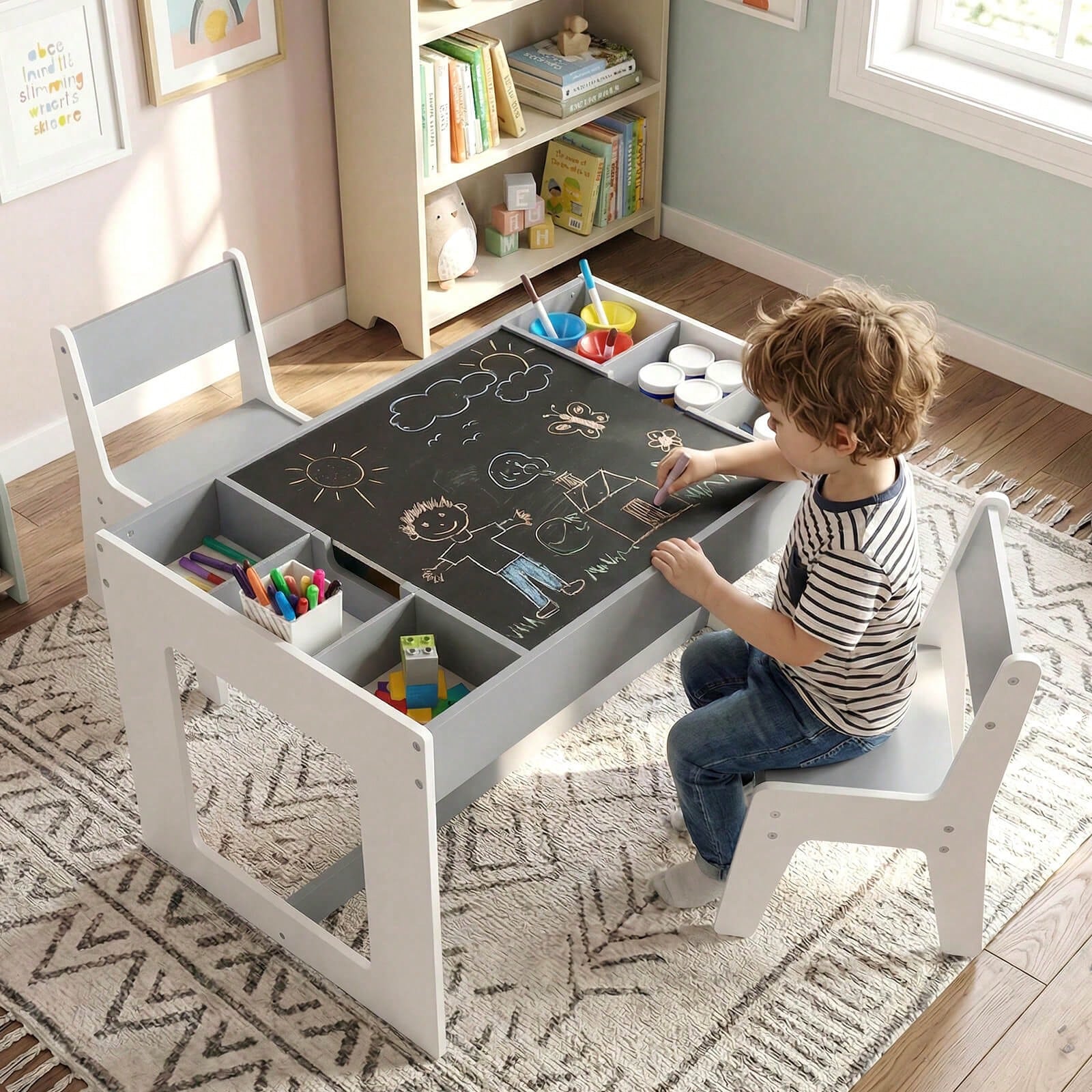 Multifunctional Kids Table & 2 Chairs Set With Removable Double-Sized Tabletop