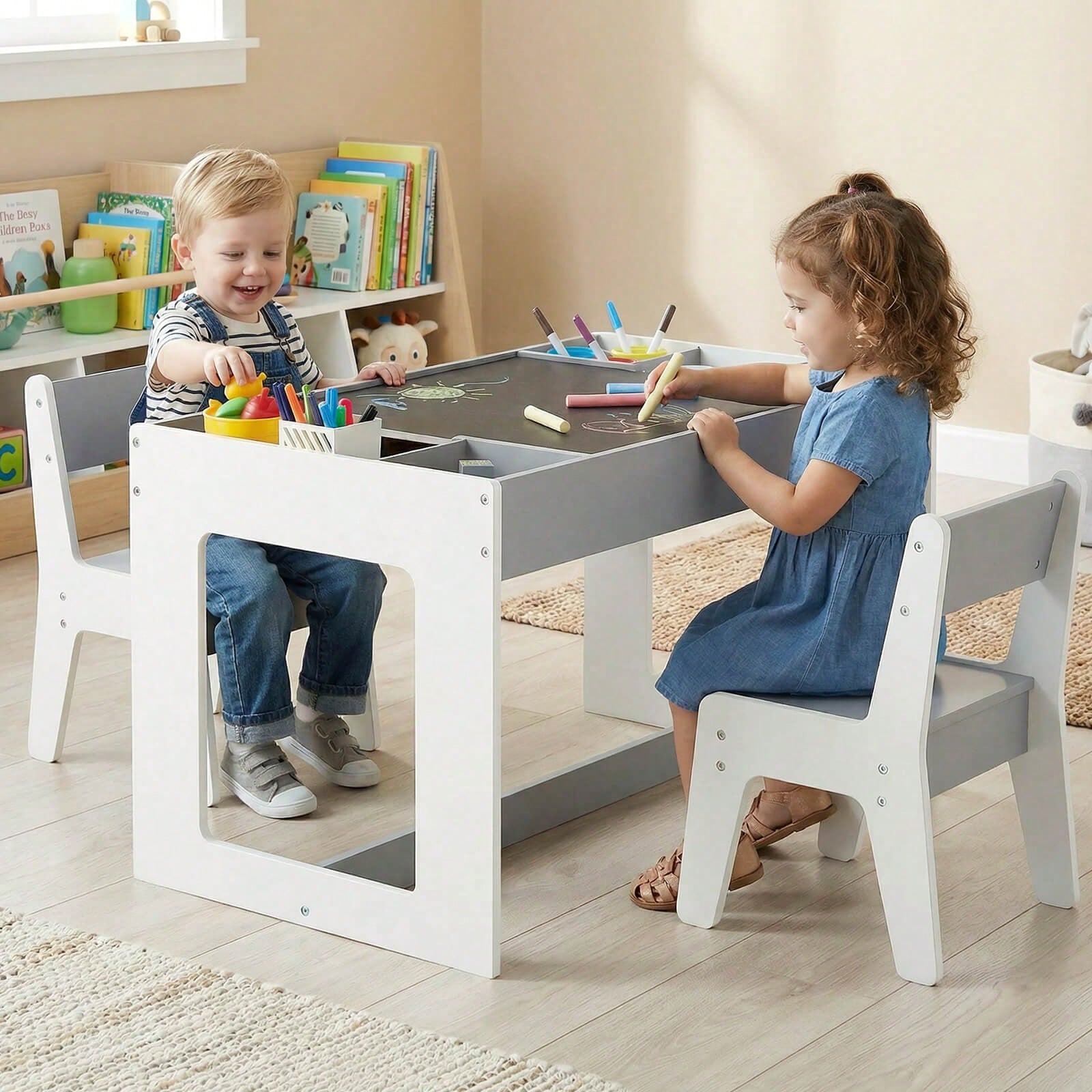 Multifunctional Kids Table & 2 Chairs Set With Removable Double-Sized Tabletop