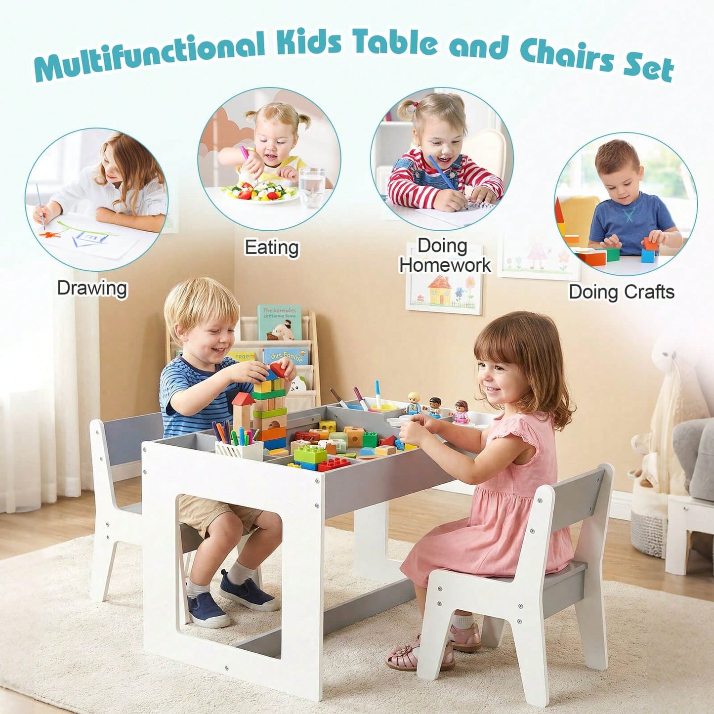 Multifunctional Kids Table & 2 Chairs Set With Removable Double-Sized Tabletop