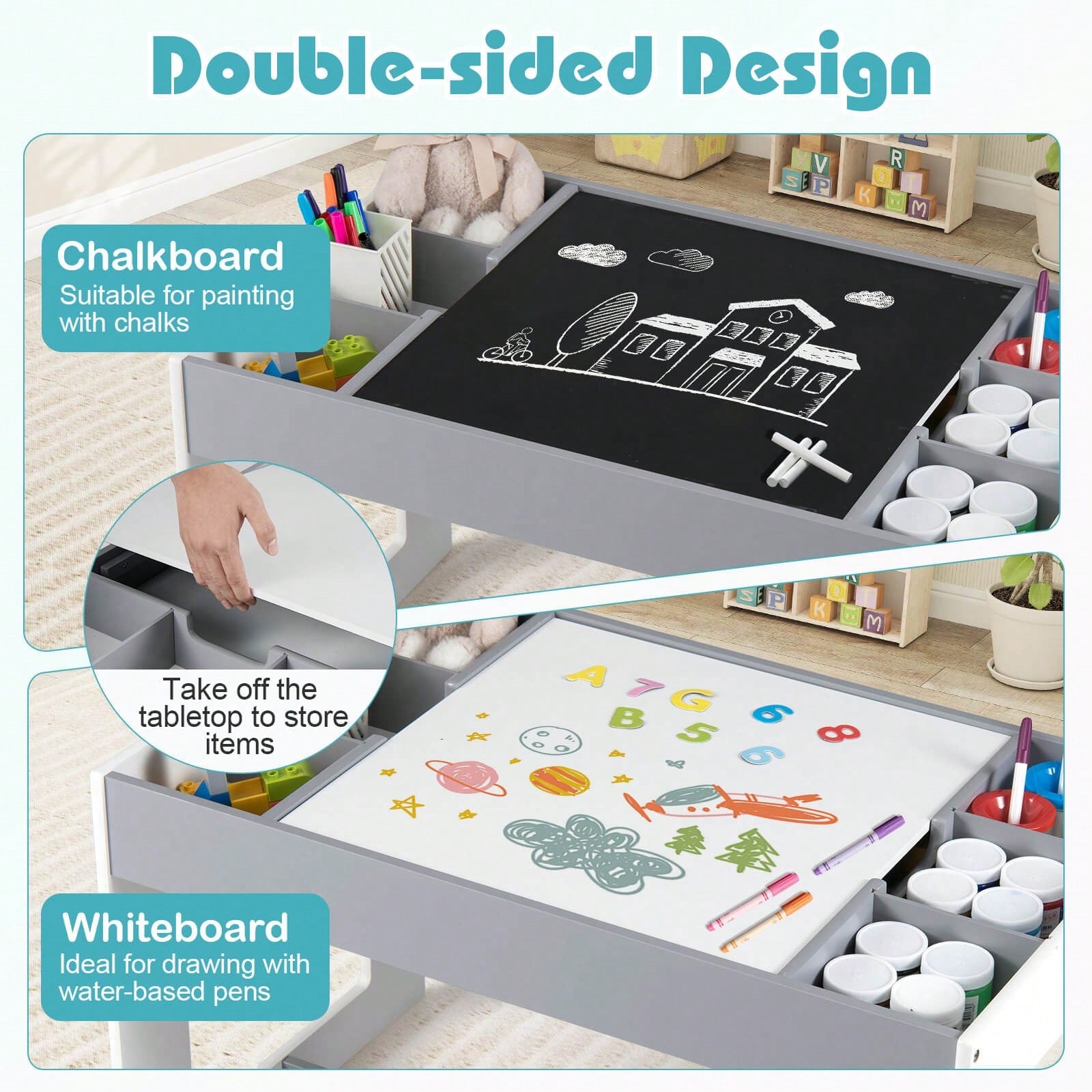 Multifunctional Kids Table & 2 Chairs Set With Removable Double-Sized Tabletop