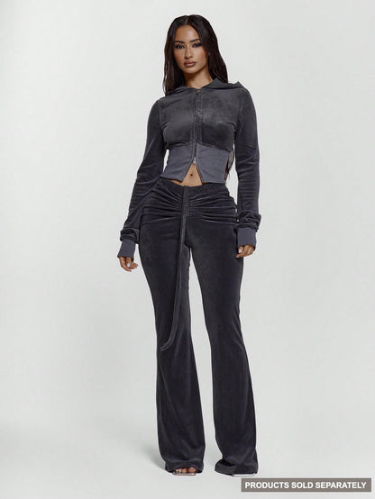 MUSERA Drawstring Tie Ruched Front Low Waist Velour Skinny Fitted Flare Trousers Bottoms Only Sexy Going Out Night Out Cute Streetwear Pants Spring Summer Casual Holiday Y2K