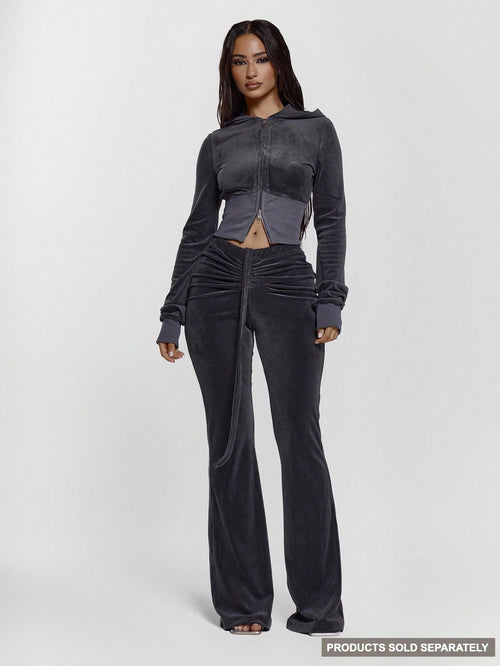 MUSERA Drawstring Tie Ruched Front Low Waist Velour Skinny Fitted Flare Trousers Bottoms Only Sexy Going Out Night Out Cute Streetwear Pants Spring Summer Casual Holiday Y2K