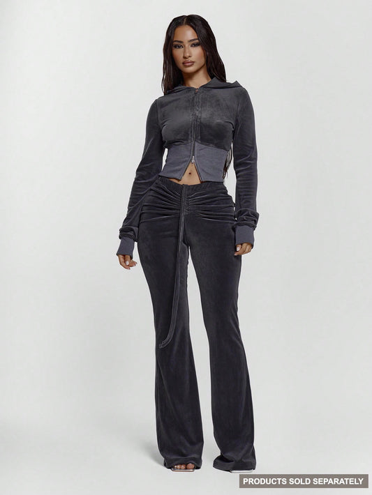 MUSERA Drawstring Tie Ruched Front Low Waist Velour Skinny Fitted Flare Trousers Bottoms Only Sexy Going Out Night Out Cute Streetwear Pants Spring Summer Casual Holiday Y2K