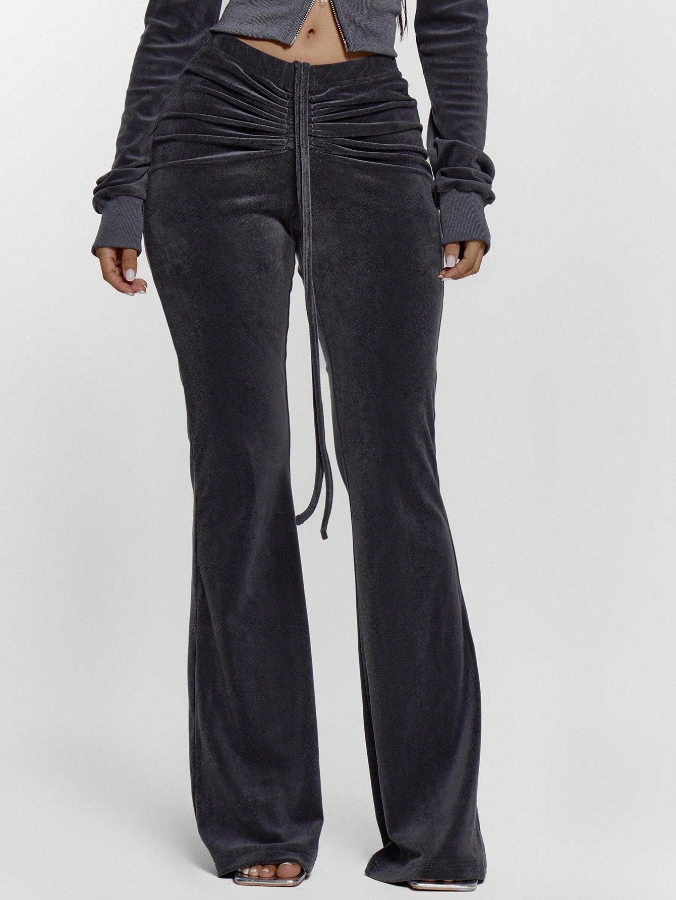 MUSERA Drawstring Tie Ruched Front Low Waist Velour Skinny Fitted Flare Trousers Bottoms Only Sexy Going Out Night Out Cute Streetwear Pants Spring Summer Casual Holiday Y2K