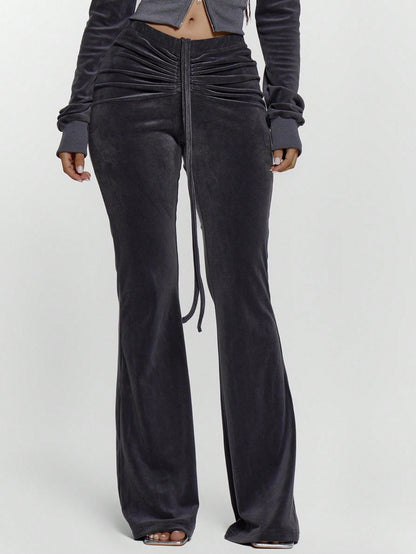 MUSERA Drawstring Tie Ruched Front Low Waist Velour Skinny Fitted Flare Trousers Bottoms Only Sexy Going Out Night Out Cute Streetwear Pants Spring Summer Casual Holiday Y2K