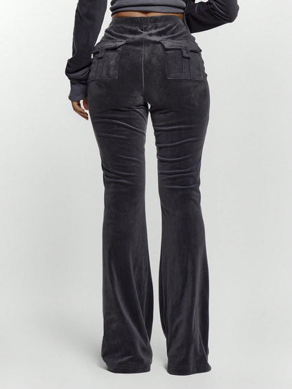 MUSERA Drawstring Tie Ruched Front Low Waist Velour Skinny Fitted Flare Trousers Bottoms Only Sexy Going Out Night Out Cute Streetwear Pants Spring Summer Casual Holiday Y2K