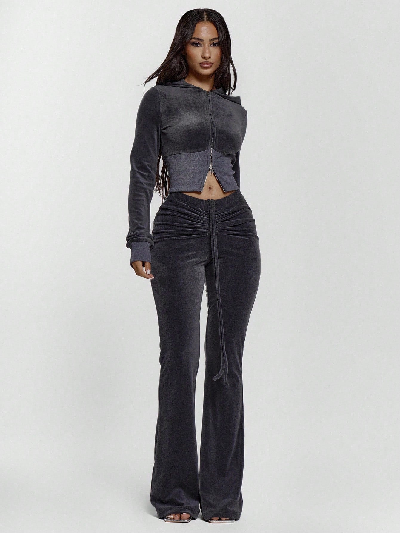 MUSERA Drawstring Tie Ruched Front Low Waist Velour Skinny Fitted Flare Trousers Bottoms Only Sexy Going Out Night Out Cute Streetwear Pants Spring Summer Casual Holiday Y2K
