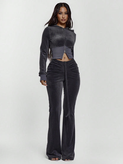 MUSERA Drawstring Tie Ruched Front Low Waist Velour Skinny Fitted Flare Trousers Bottoms Only Sexy Going Out Night Out Cute Streetwear Pants Spring Summer Casual Holiday Y2K