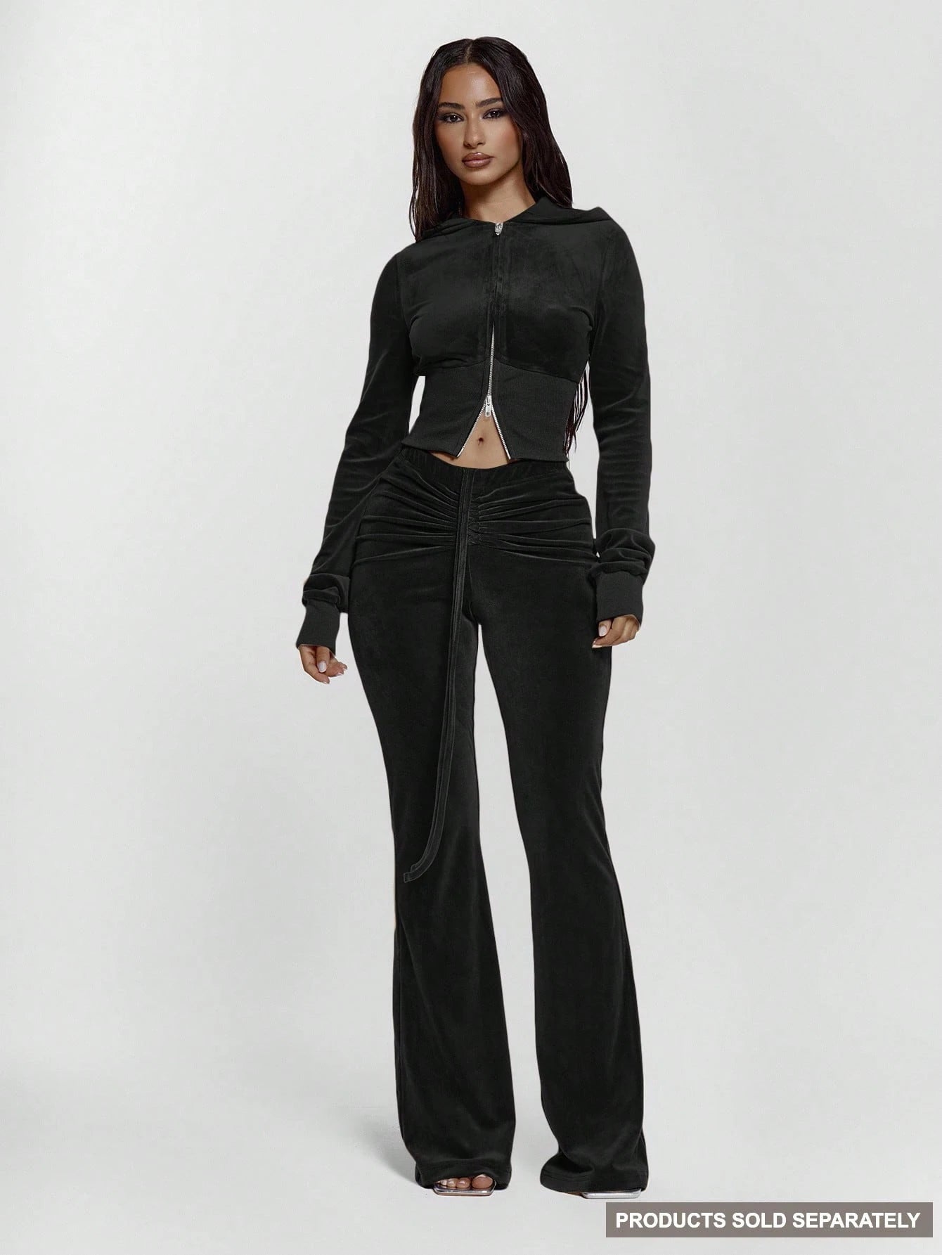 MUSERA Drawstring Tie Ruched Front Low Waist Velour Skinny Fitted Flare Trousers Bottoms Only Sexy Going Out Night Out Cute Streetwear Pants Spring Summer Casual Holiday Y2K