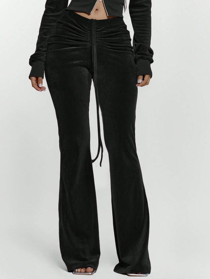 MUSERA Drawstring Tie Ruched Front Low Waist Velour Skinny Fitted Flare Trousers Bottoms Only Sexy Going Out Night Out Cute Streetwear Pants Spring Summer Casual Holiday Y2K