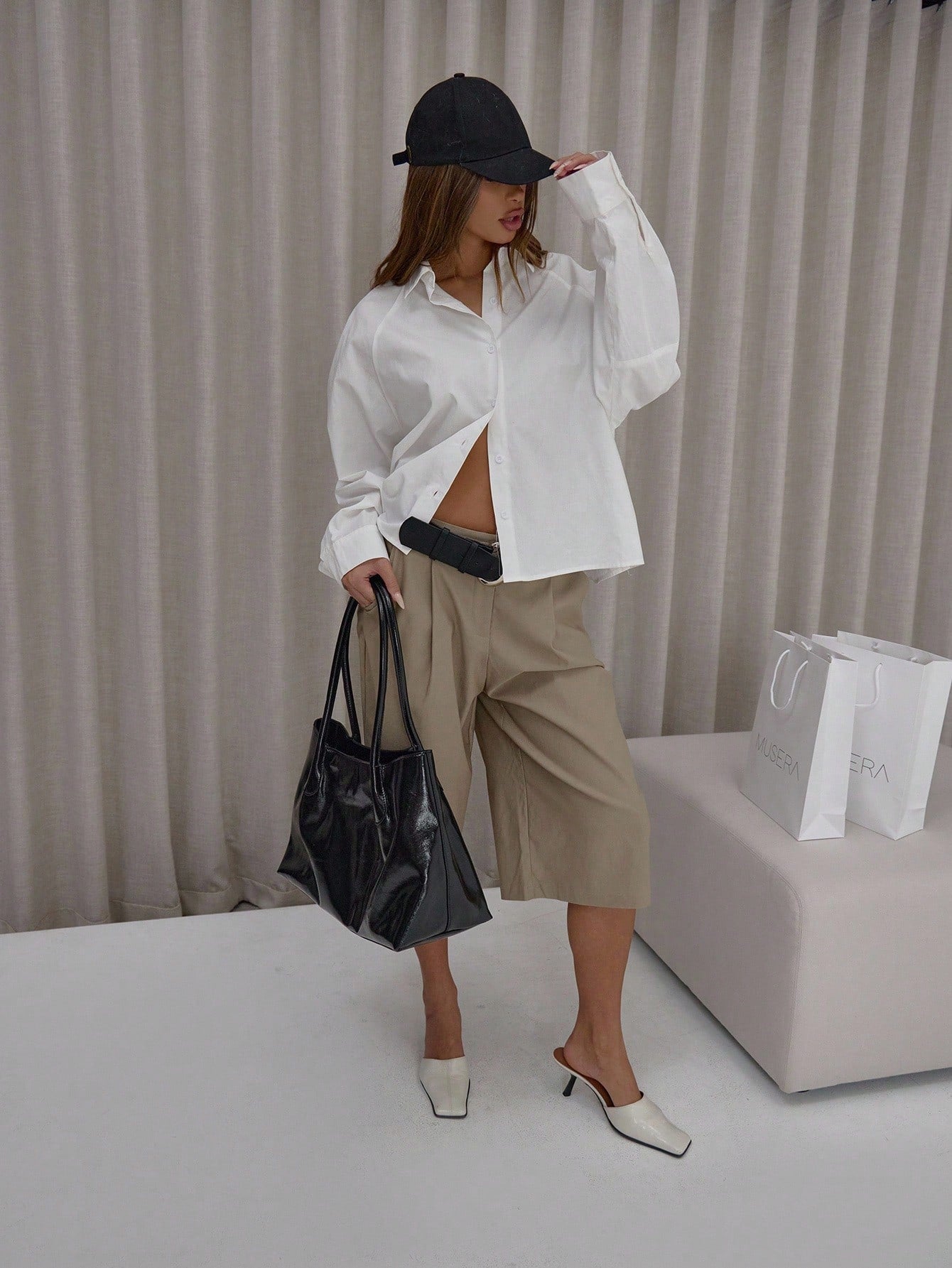 MUSERA Oversized Cotton Poplin Cinched Hem Balloon Sleeve Shirt Classy Cute Sexy Streetwear Night Out Party,Elegant Spring Summer Holiday Office Work