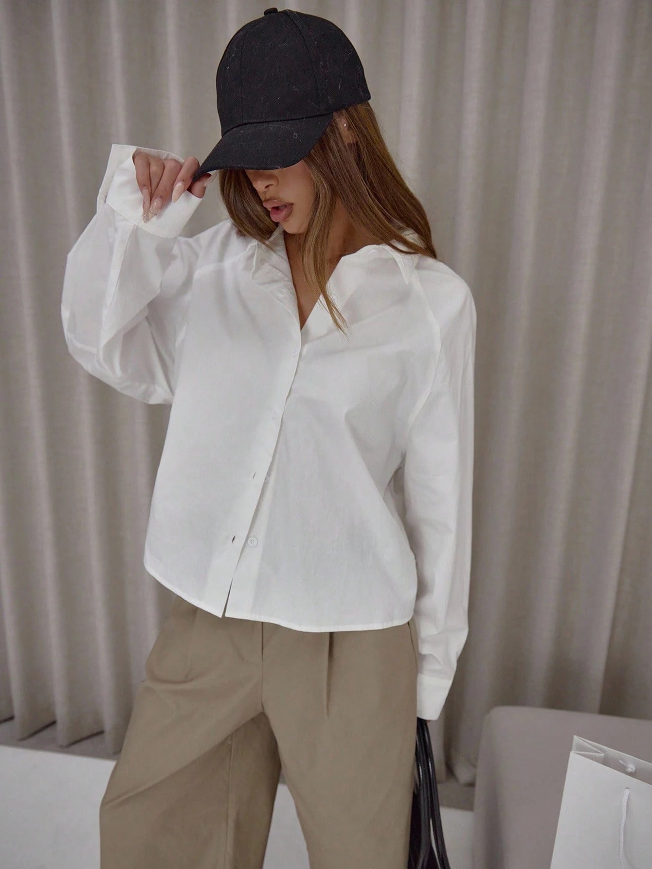 MUSERA Oversized Cotton Poplin Cinched Hem Balloon Sleeve Shirt Classy Cute Sexy Streetwear Night Out Party,Elegant Spring Summer Holiday Office Work