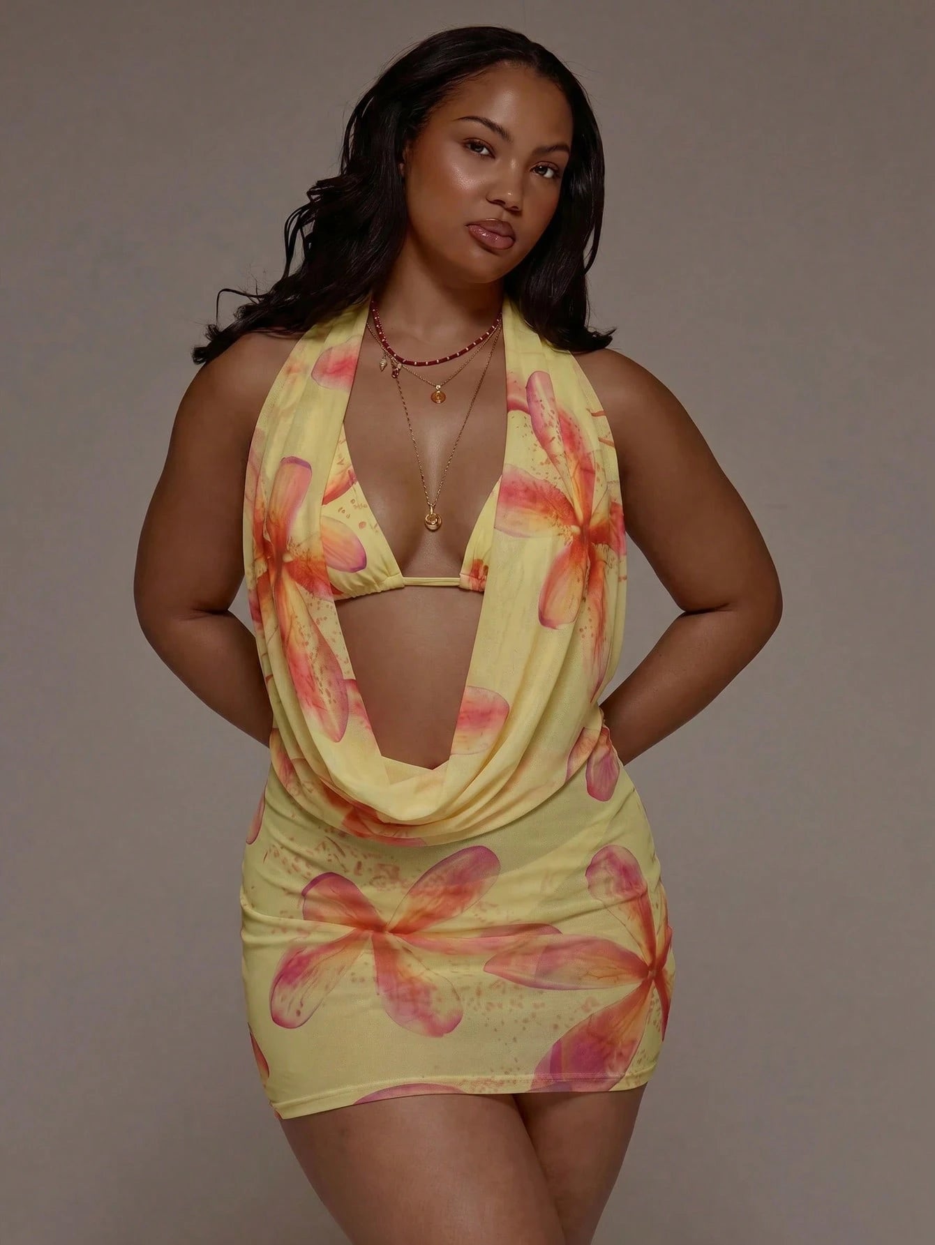 MUSERA Plus Size Ombre Print Mesh Cowl Front Fitted Mini Dress Cover Up Spring Summer Cute Vacation Holiday Festival Ibiza Sexy