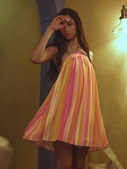 MUSERA Stripe Halterneck Flowy Mini Summer Dress Spring Summer Cosy Cute Daily Girly Vacation Sunlight Social