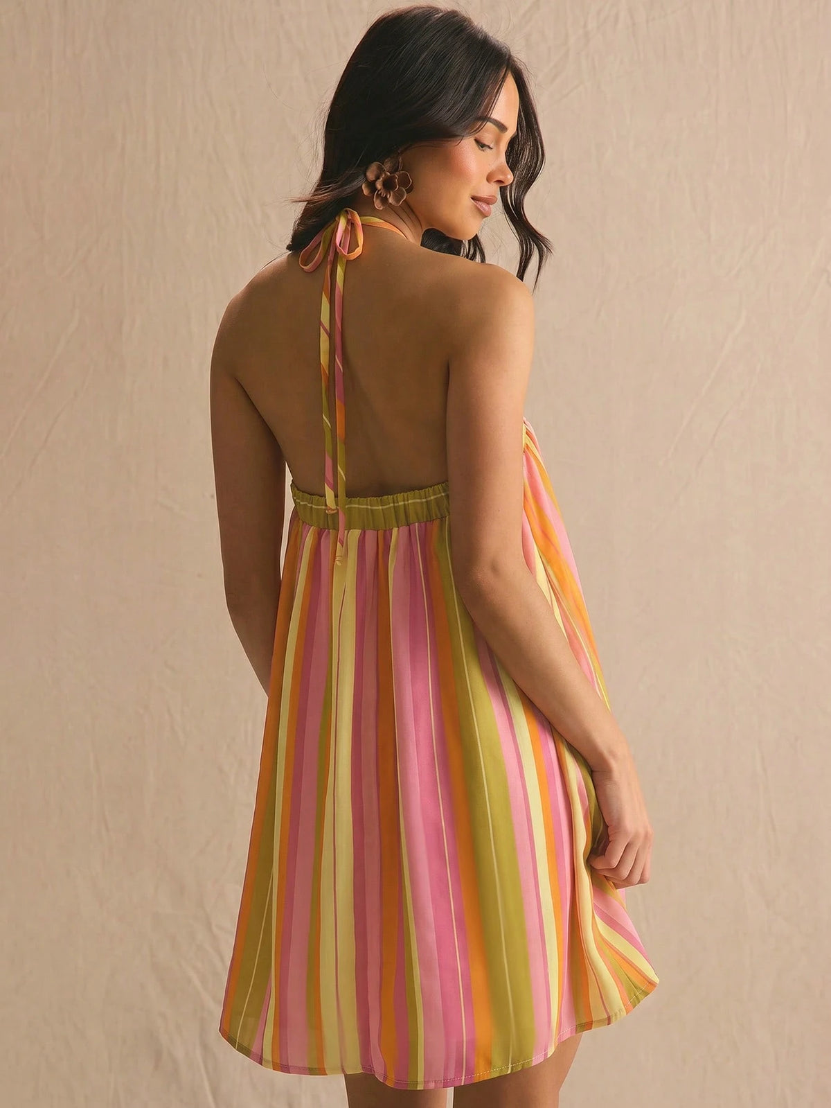MUSERA Stripe Halterneck Flowy Mini Summer Dress Spring Summer Cosy Cute Daily Girly Vacation Sunlight Social