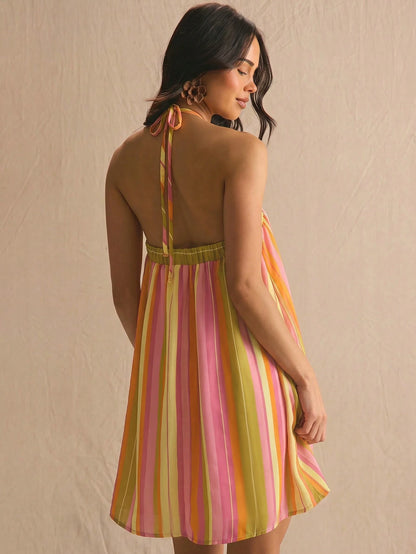 MUSERA Stripe Halterneck Flowy Mini Summer Dress Spring Summer Cosy Cute Daily Girly Vacation Sunlight Social