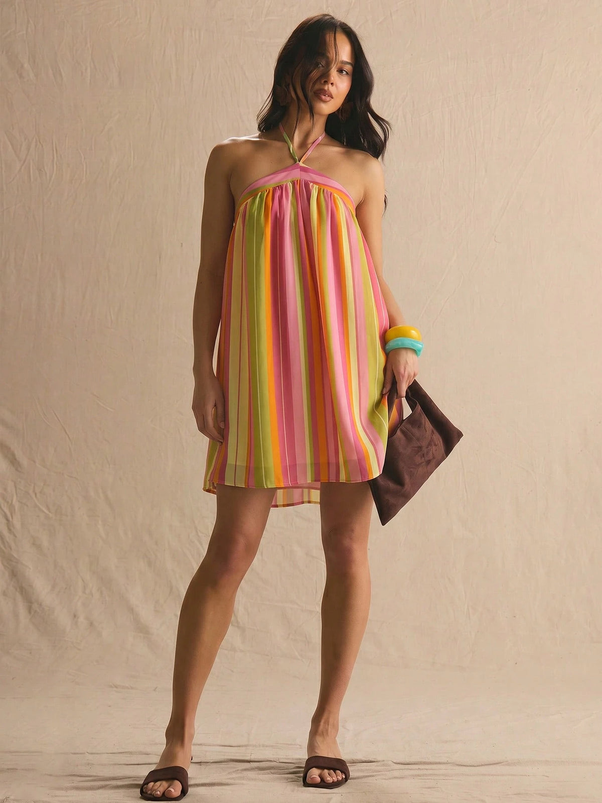 MUSERA Stripe Halterneck Flowy Mini Summer Dress Spring Summer Cosy Cute Daily Girly Vacation Sunlight Social