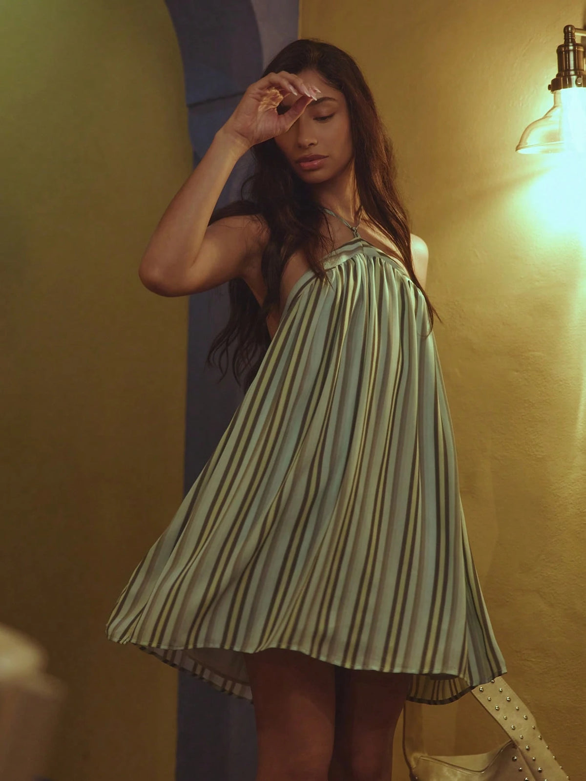 MUSERA Stripe Halterneck Flowy Mini Summer Dress Spring Summer Cosy Cute Daily Girly Vacation Sunlight Social