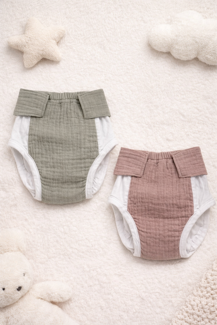 Muslin Adjustable Reusable Diaper Pants with Velcro Closure -(Musk and Olive)