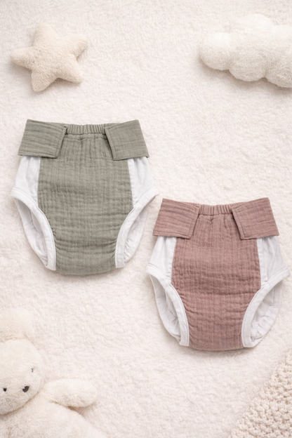 Muslin Adjustable Reusable Diaper Pants with Velcro Closure -(Musk and Olive)