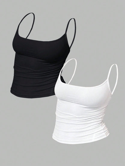 MYSTAURA Women's Solid Color Pleated Fitted Camisole