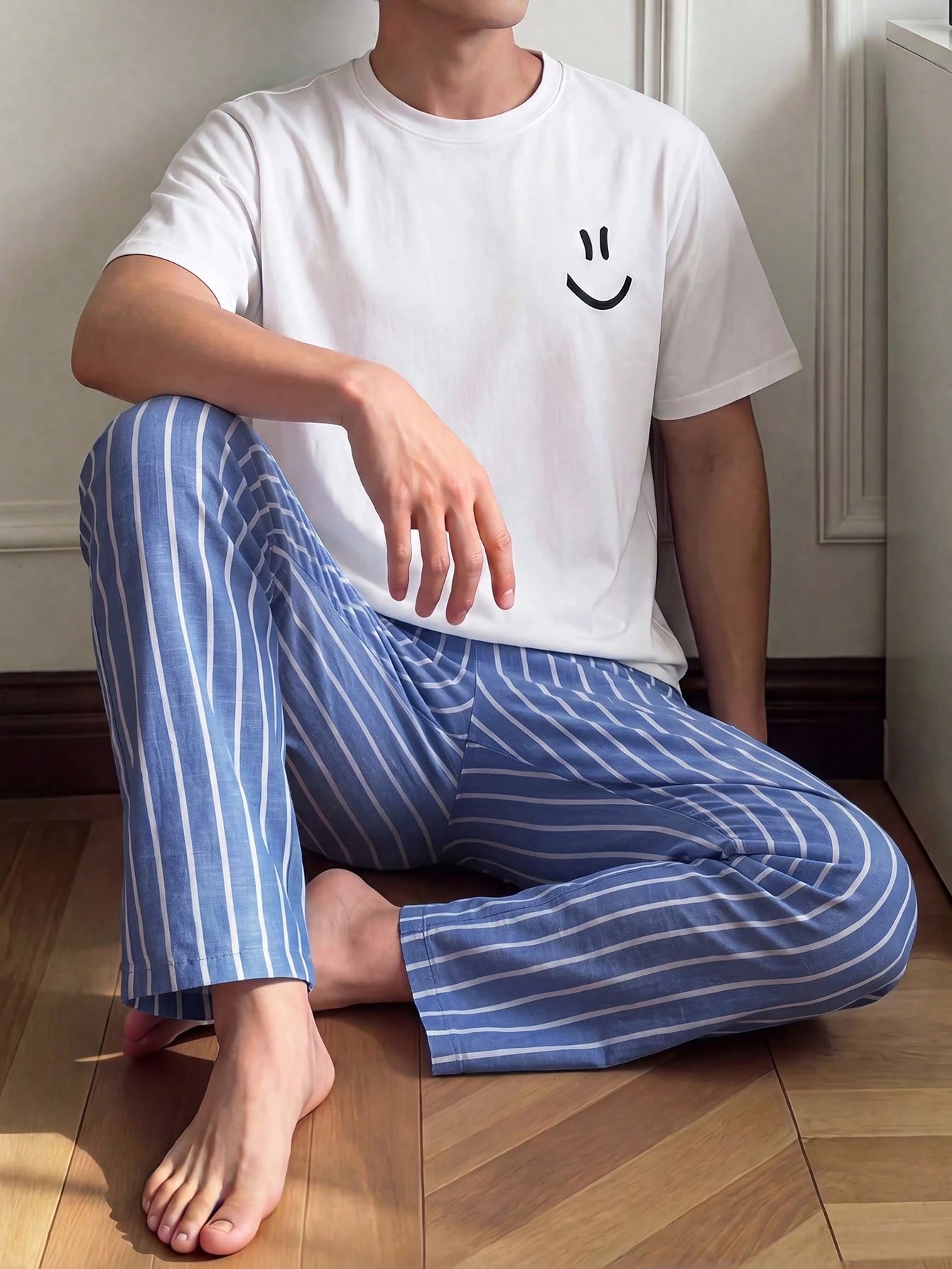 Napfluff Casual Woven Blue & White Striped Men's Loungewear Bottoms