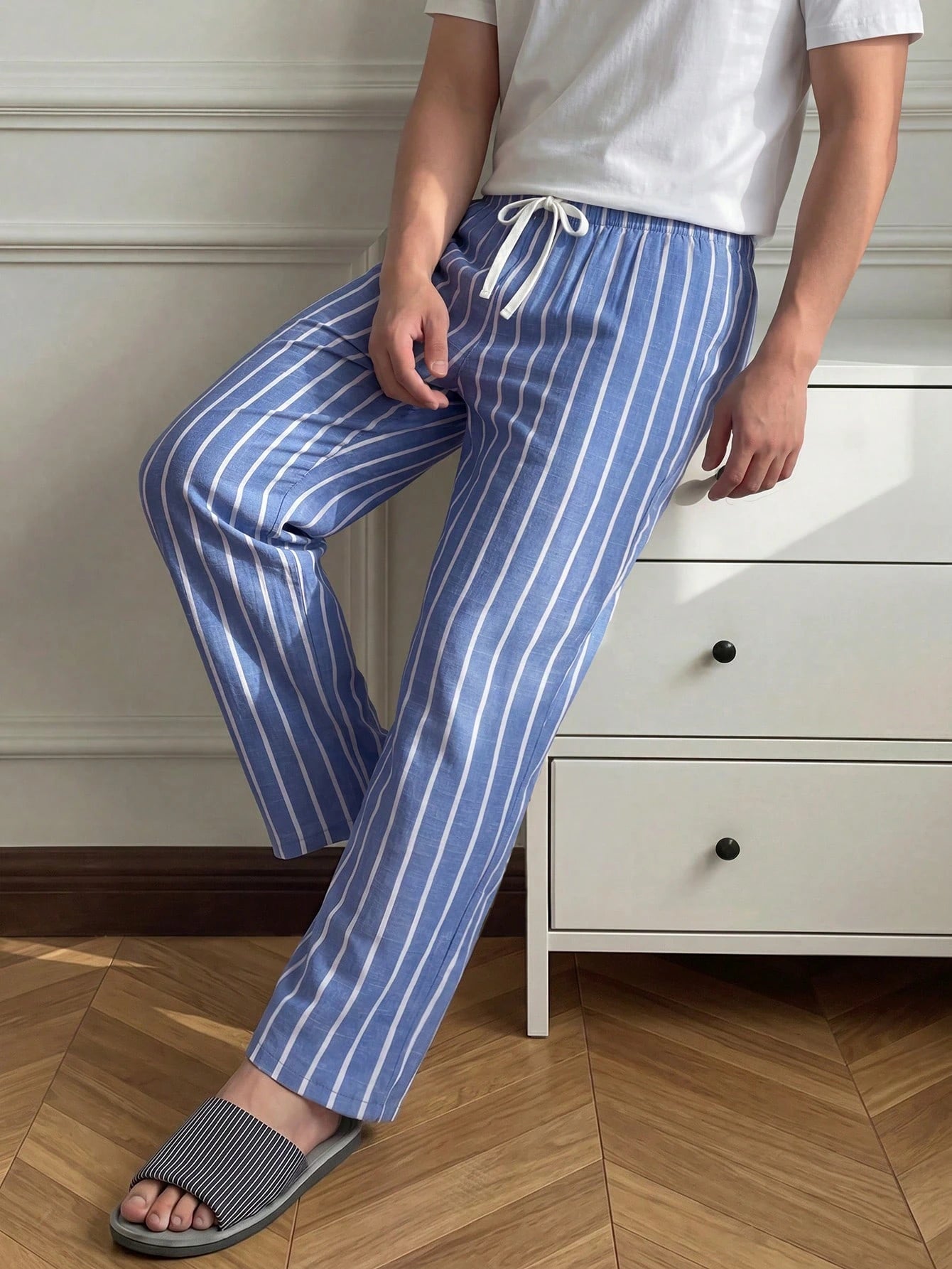 Napfluff Casual Woven Blue & White Striped Men's Loungewear Bottoms