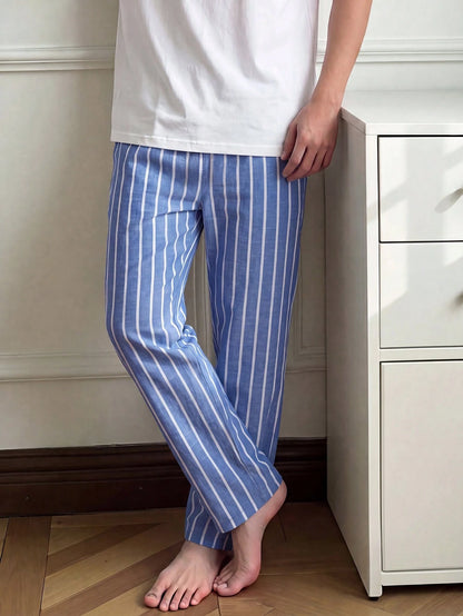 Napfluff Casual Woven Blue & White Striped Men's Loungewear Bottoms