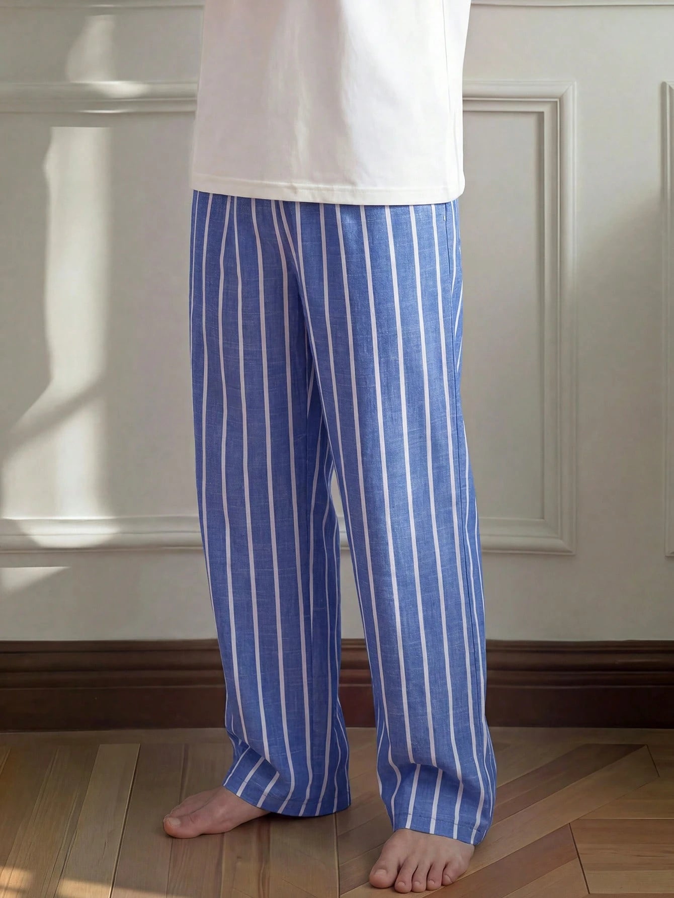Napfluff Casual Woven Blue & White Striped Men's Loungewear Bottoms