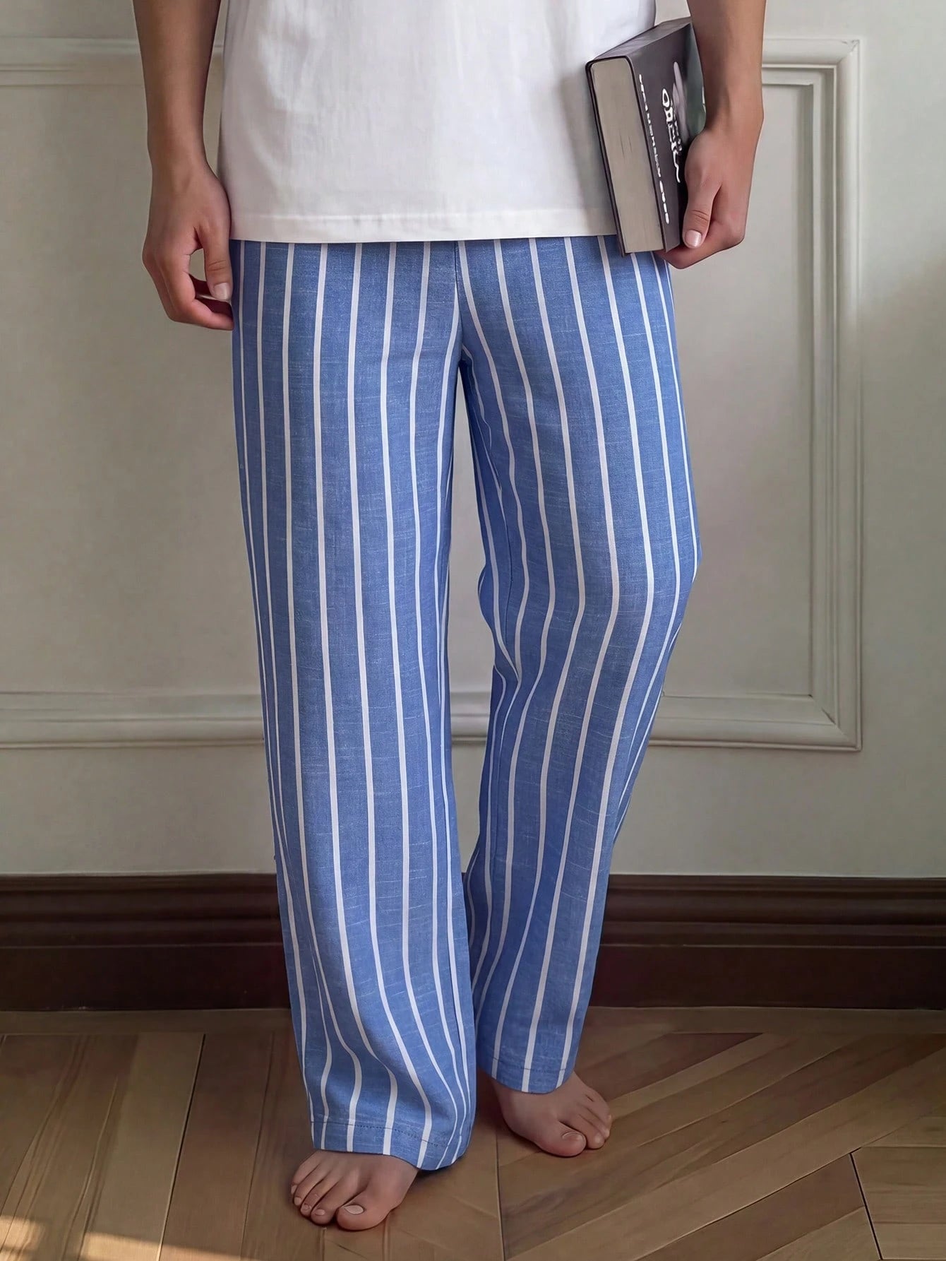 Napfluff Casual Woven Blue & White Striped Men's Loungewear Bottoms