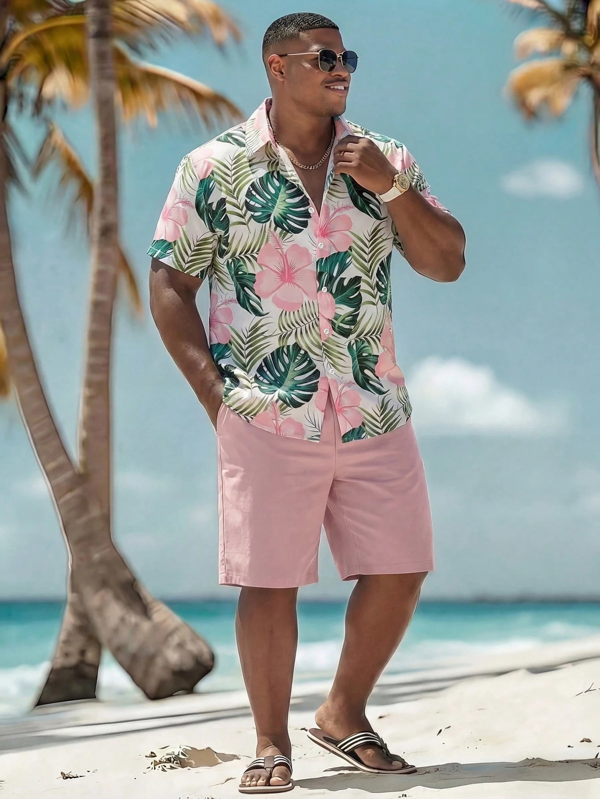 Naviga Onda Plus Size Men's Casual Printed Shirt & Shorts Beach Outfit,Pink,Summer,Boho,Beach,Holiday,Holiday,Vacation Resort Wear Hawaii Tropical Swim Bathing